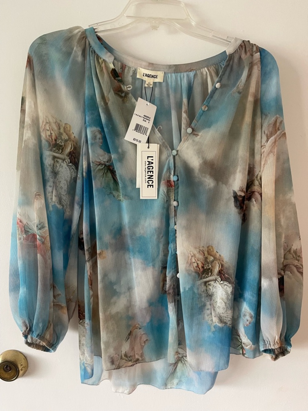 L'AGENCE Blue and Cream Cloud-Print Silk Blouse